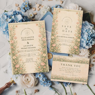Trouwboog in vintage rozentuin RSVP kaartje