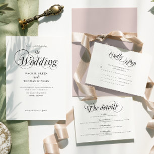 Romantische kalligrafie zwart wit bruiloft all in one uitnodiging