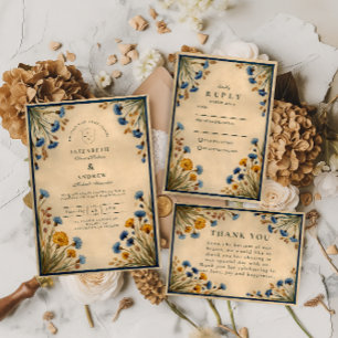 Blauw Wildebloemen Bruiloft Vintage Bedankkaart