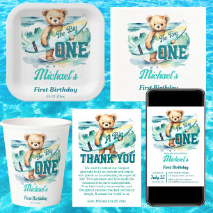 De grote één surfen verjaardagsfeestje teddy surfb bedankkaart