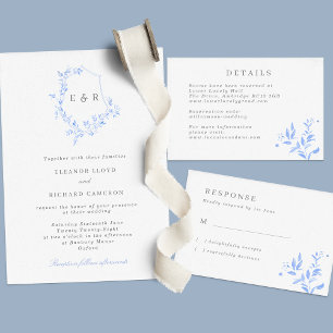 Regency Blue Monogram Leaf Crest Wedding Invitatio Kaart