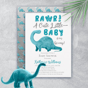 Rawr Blue Dinosaur QR Code Baby shower Uitnodiging