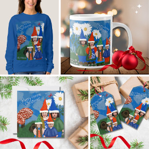 Grappig kabouter uw familie van drie vrolijke kers feestdagenkaart