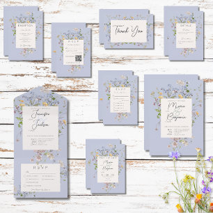 Delicate Boho Wildflower Periwinkle QR-code All In One Uitnodiging