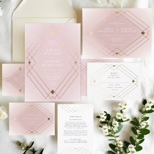 Gold Diamond Pink Geometric Deco Gatsby Wedding Kaart