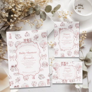 Roze kleding Toile de Jouy Baby shower Kaart