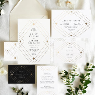 Gold Diamond White Geometric Deco Gatsby Wedding Kaart