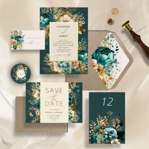 Blauwgroen Goud Luxe Floral Wedding Insert Kaart