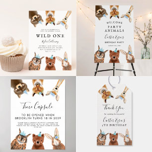 Wild One Woodland Pink First Birthday Party Kaart