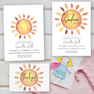 Waterverf Happy Yellow Sunshine Baby shower Kaart