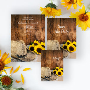 Pet van cowboy, zonnebloemen Barn Wood Wedding RSV RSVP Kaartje