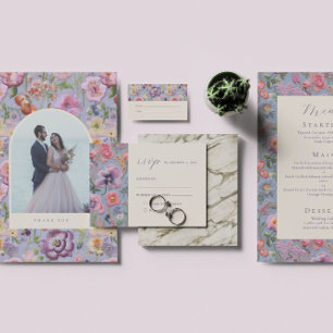 Vet Paarse & Oranje Botanische Borduurwerk Bruilof Kaart