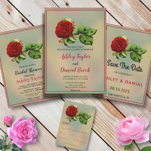 Elegant red roos romantic framed floral Wedding RSVP Kaartje