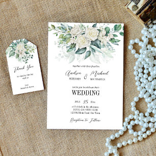 Greenery eucalyptus white roses trouwuitnodiging