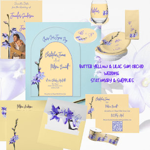 Boter Geel en Lila Gekleurde Zon Orchidee Huwelijk Acryl Uitnodigingen