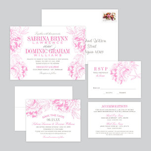 Elegant Fuchsia Pink en Gray Floral Peony Wedding Save The Date