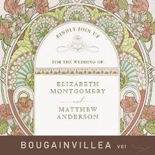 Bougainvillea Red Gold Wedding Art Nouveau Mucha Folie Uitnodiging