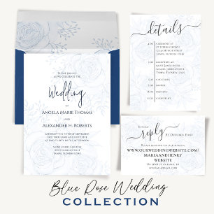 Dusty Blue QR Code Floral Classic Maaltijd Keuze RSVP Kaartje