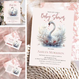 Mooi zwaan roze bloemig damast meisje Baby shower Bedankkaart