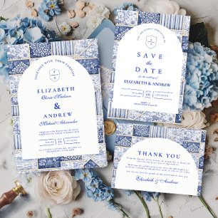Delfts Blauwe Patchwork Toile Bruiloft RSVP Kaartje