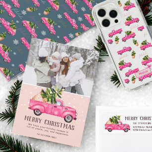  roze rode vrachtwagen met kerstboom, witte droog etiket
