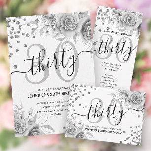 Silver Floral Glitter 30e verjaardag Script Kaart