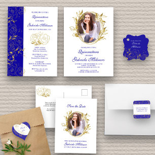 Elegante Royal Blauw en Goud Foto Quinceanera Kaart