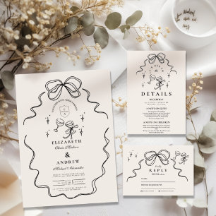 Doodle Champagne Whimsical Bow Wedding Informatiekaartje