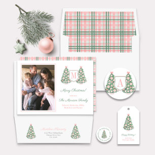 Maximalist Roze Groen Monogram Kerstfoto Feestdagenkaart