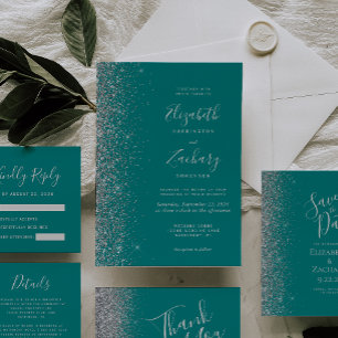 Silver Glitter Edge Blauwgroen Blauw Bruiloft Dank Kaart