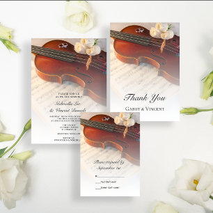 Klassieke Violin and White Roses Wedding RSVP Kaar