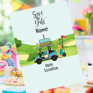 Golfkart met Birthday Save the Date for golfer Kaart