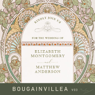 Bougainvillea Green Gold Wedding Art Nouveau Mucha Folie Uitnodiging