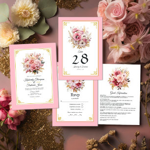 Roze en Goud Bloemen Bruiloft RSVP Kaartje