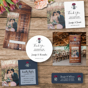 Rustieke schuur hout metselaar potje monogram foto bedankkaart