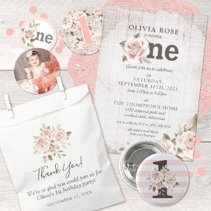 Rustic Floral Shabby Chic Rozen 1e verjaardag Ronde Button 3,2 Cm