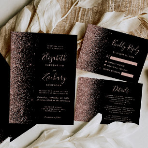 Modern zwart Roos Gold Faux Glitter Edge Wedding Kaart