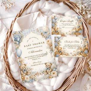 Droomachtige bruine en blauwe beer baby shower kaart