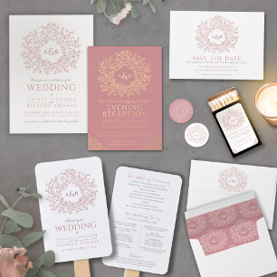 Cirkel van bladeren monogram roze bruiloft foto's bedankkaart