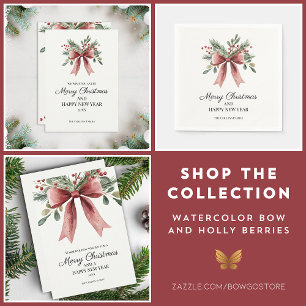 Waterverf rode lint boog bessen eenvoudige kerst feestdagenkaart