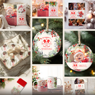 Foto Elegante Floral Baby's Eerste Kerstmis Cadeaupapier