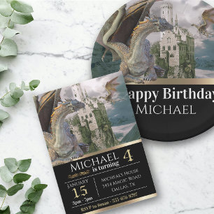 Bronze Dragon Medieval Castle Metallic Birthday Kaart