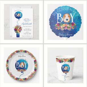 Het is een jongensblauwe ballon cavia baby shower kaart