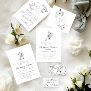 Mooie Floral 'A' Monogram Sketched Wedding Kaart
