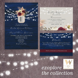 String Lights Rustic Wood Navy Blue Wedding All In One Uitnodiging