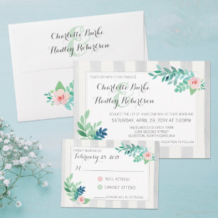 Modern Stripes & Waterverf Bloemen Pansy Bruiloft Kaart