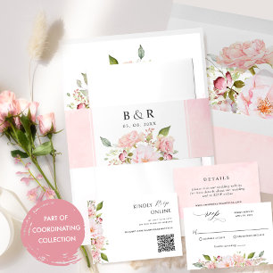 Elegant Roze en Blush Bloemen, Waterverf Bruiloft Uitnodigingen Wikkel