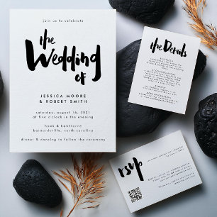 Vet Modern Zwart Borstel Script Wedding QR Code RSVP Kaartje