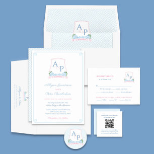 Preppy Roze Blauw Bruiloft Crest Maaltijd Keuze RS Informatiekaartje