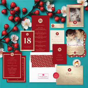 Gold Circle Double Happiness Chinees huwelijk RSVP Kaartje